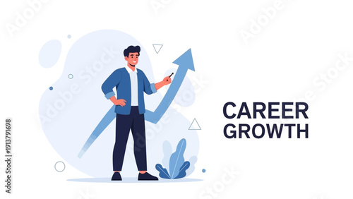 Man points to upward trending arrow on career growth chart, business concept