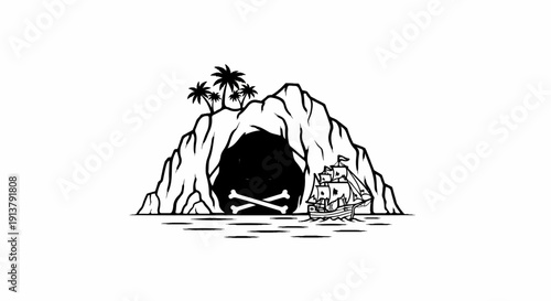 Pirate cave with skull and crossbones, ship sails offshore