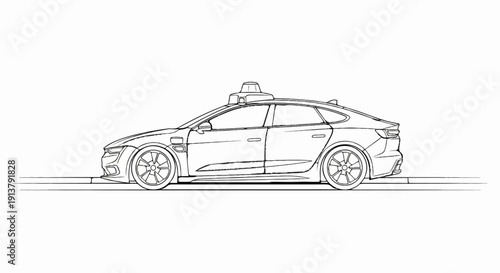 Side profile sketch of a modern sedan with advanced rooftop sensors