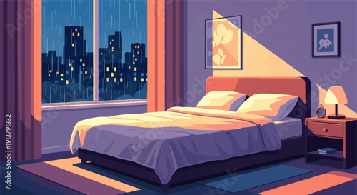 Pixelated bedroom scene with a bed, nightstand, and city view during rain