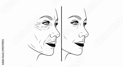 Side-by-side comparison of an aged face with wrinkles versus a smooth, youthful face