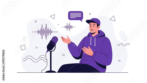 Man recording podcast with microphone and sound waves, illustration