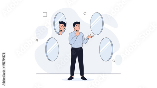 Man Reflecting in Multiple Mirrors, Identity Crisis, Decision Making, Self Reflection