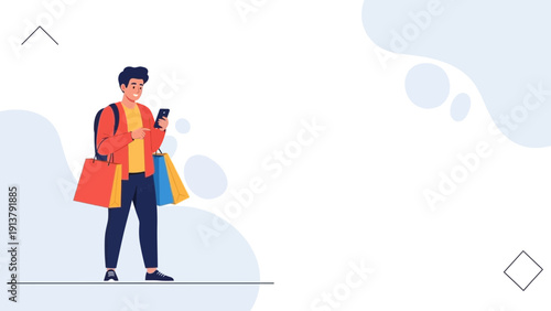 Man Shopping Online with Smartphone and Bags, Modern Lifestyle