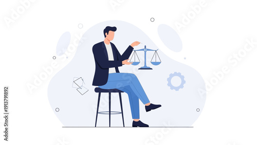 Man Sitting With Scales of Justice, Symbol of Law and Balance