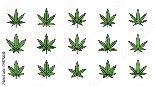 Collection of cannabis leaves arranged in a grid pattern on a white background from a direct viewpoint