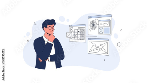 Man thinking about business strategy and data analysis with charts and graphs
