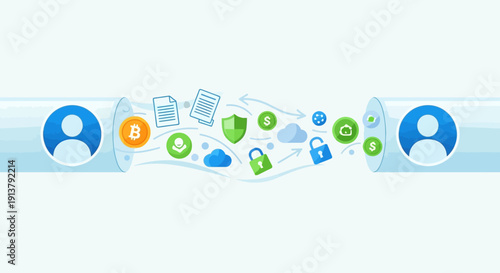 Flat lay of various social media and communication icons floating between two profile symbols on a light blue background with a mix of green, orange, and blue colors.