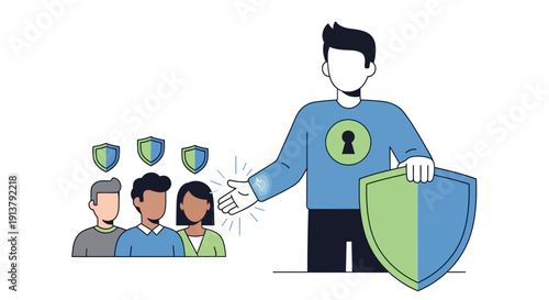 Illustration of a man protecting a group of people with a shield and key icon, conveying security and safety against a clean white background.