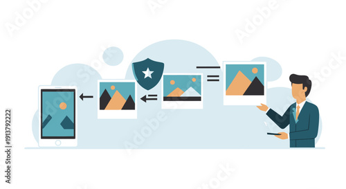 A man in a business suit presenting a sequence of images with a star rating on a tablet and computer screens in a workflow process.