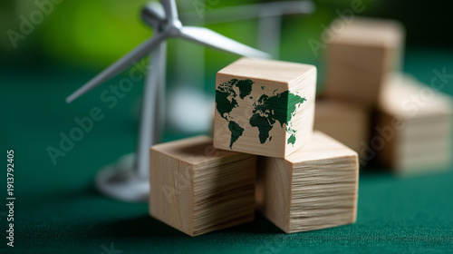 Just energy transition concept with wooden blocks and world map overlay on green background, global equitable climate action, worldwide fair sustainability, international