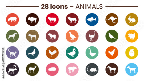 Set of 28 Round Farm Animals, Birds and Game Icons