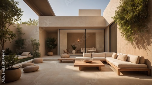 Patio interior minimalista con sofá modular, mesa baja y arquitectura moderna en tonos cálidos