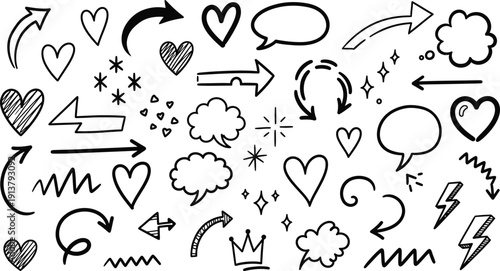 Doodles and Scribbles: a collection of whimsical doodles and scribbles, featuring hearts, arrows, speech bubbles, stars, and lightning bolts, creating a playful and expressive visual language.