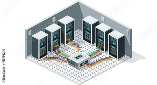 Isometric illustration of a server room with interconnected data servers on a grid floor.
