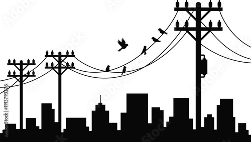 City skyline silhouette with power lines, utility poles and birds sitting on electric wires isolated on white background, urban infrastructure illustration concept.
