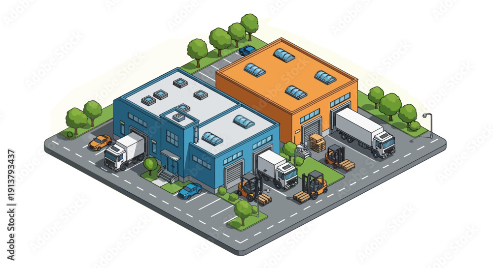 Obraz premium Isometric illustration of a warehouse complex with trucks and workers on a gray road with green trees