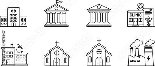 Diverse Architectural Icons: A collection of various architectural icons, each representing different types of buildings. 