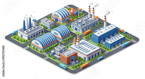 Isometric illustration of an industrial complex with various buildings and smokestacks on a white background
