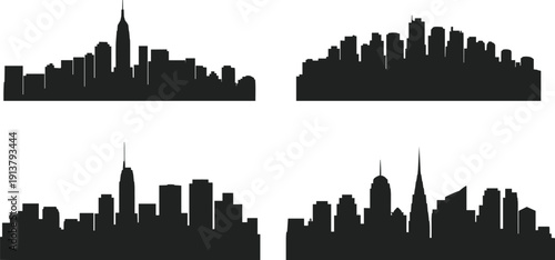Collection of four modern city skyline silhouettes with downtown skyscrapers isolated on white background, urban cityscape panorama set for architecture, travel, business, and graphic design.