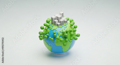 3D Globe with Virus Particles and City Buildings on White Background