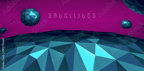 Low poly illustration of a planet terrain with satellites flying in space, vector wallpaper art of sci-fi astronomy, science fiction background.