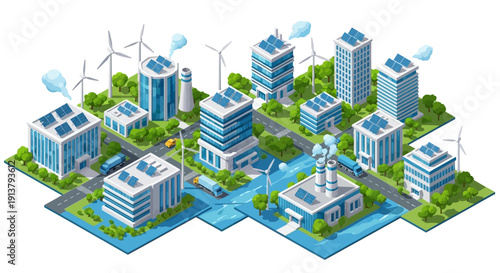 Isometric illustration of a sustainable cityscape with wind turbines and green spaces on a white background