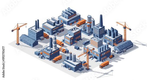 Isometric illustration of an industrial complex with factories, cranes, and machinery on a white background with a blue and orange color scheme.