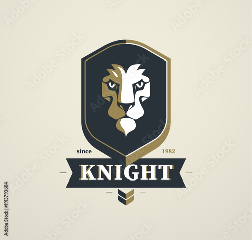 Warrior lion emblem inspired by knight honor, courage and dignity, created in timeless heraldic style for noble brands, teams and symbolic identity designs.