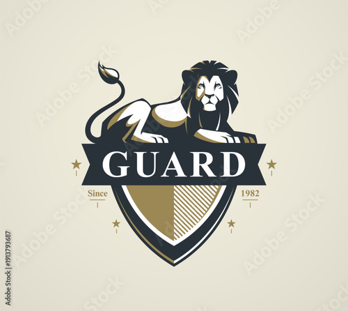 Heraldic lion guardian vector emblem symbolizing protection, security and reliability, designed as a classic shield logo for brands focused on safety, defense, trust and strength.