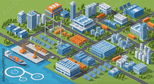 Isometric illustration of an industrial area with factories and warehouses near a waterfront