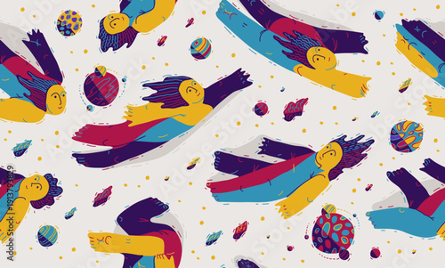 Levitating people seamless background, concept of freedom and imagination, peaceful and tranquil theme tiling wallpaper, dreamers floating among the planets in space.