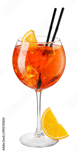 Tableau sur toile Cold aperol spritz cocktail in glass with straw and slice of orange