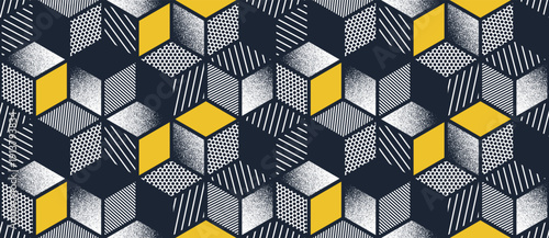 Cubes seamless pattern, vector 3D isometric blocks with textures tiling wallpaper, optical trippy endless abstract background.