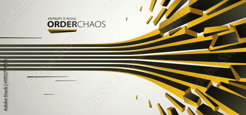 Debris particles exploding in chaos vector abstract background, entropy is rising to decay and disorder, elements flying in motion, 3D wallpaper.