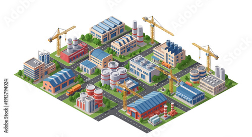 Isometric 3D illustration of a vibrant industrial cityscape with buildings and cranes on a green landscape