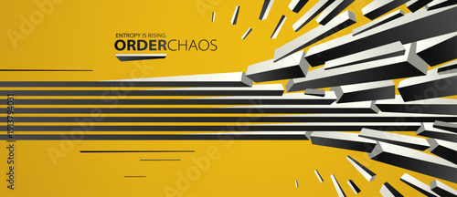 Debris particles exploding in chaos vector abstract background, entropy is rising to decay and disorder, elements flying in motion, 3D wallpaper.