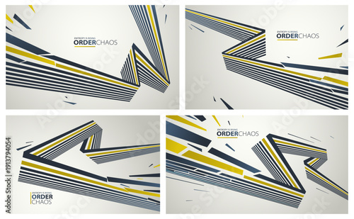 Entropy concept vector abstract background set with debris flying in chaos, destruction theme wallpaper, exploded pieces disorder 3D design