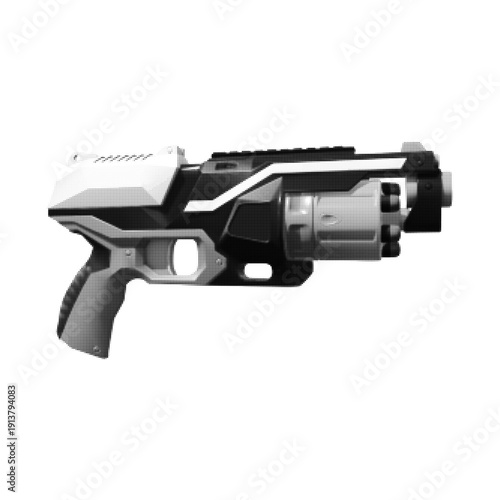 Black and white halftone illustration of futuristic revolver isolated on white background. Sci-fi weapon, technology, defense and security concept in retro style.