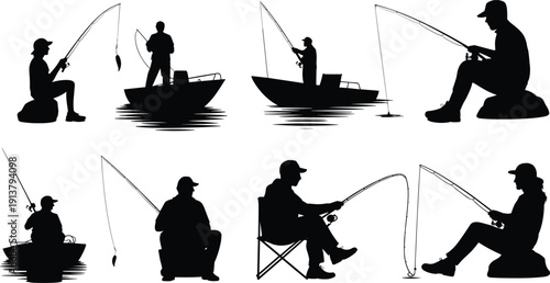 Fishing silhouettes collection, anglers with rods and boat on lake, men sitting and standing catching fish, full length vector illustration set