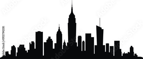 New York City skyline silhouette with Empire State Building and modern skyscrapers isolated on white background, Manhattan urban cityscape panorama illustration for travel, business, and architecture.