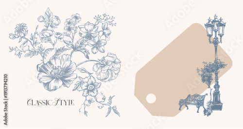 A simple linear composition in a classic pen and ink sketch style for wedding celebrations. Monochrome digital illustration tagged with a botanical element. Vintage