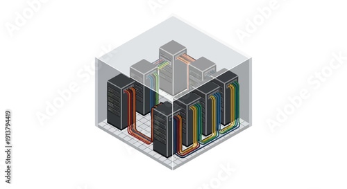 Isometric 3D illustration of a server with colorful internal components in a transparent cube on a white background.