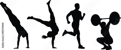 Fitness sport silhouettes set, athletes performing handstand, breakdance freeze, running and barbell squat, strength training vector illustration isolated on white background
