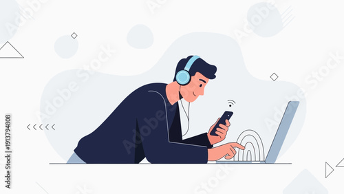 Man with headphones on laptop and smartphone, listening to music and working