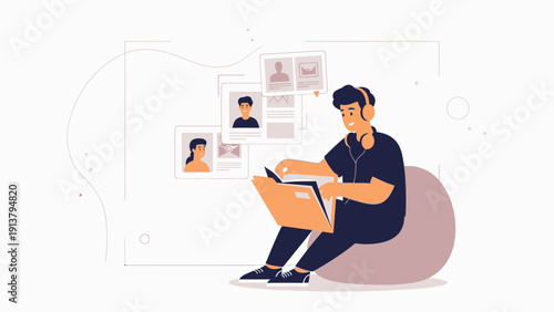 Man with headphones working on laptop, reviewing profiles, remote work concept