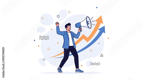 Man with Megaphone Announces Growth and Success with Upward Arrows