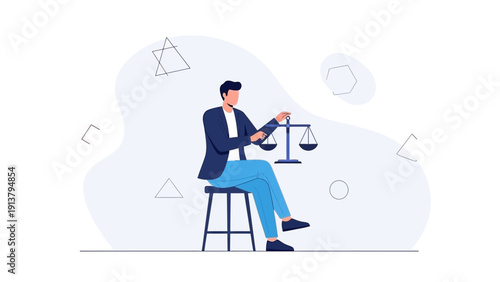 Man with Scales of Justice in Modern Office Setting