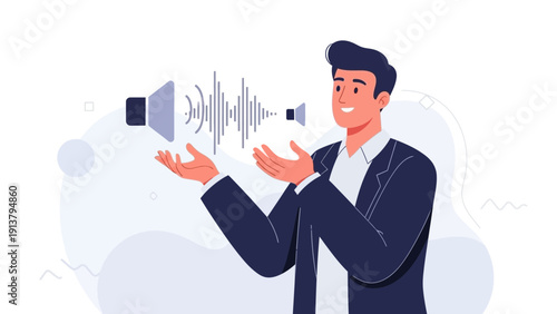 Man with sound waves and speakers, digital audio concept