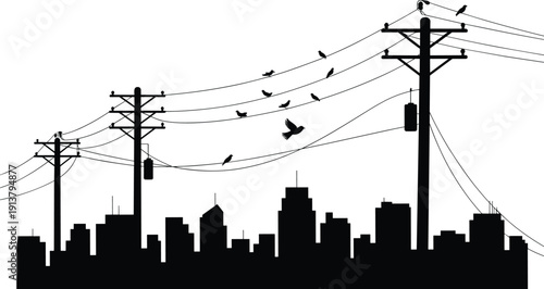 Urban city skyline silhouette with utility poles, electric power lines and birds on wires isolated on white background, modern infrastructure illustration concept design.